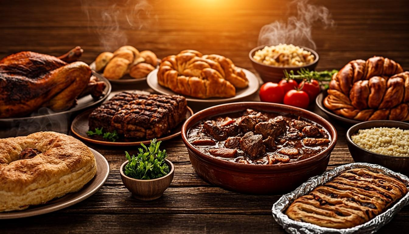 A warm spread of traditional kosher dishes from Tov Umaitiv