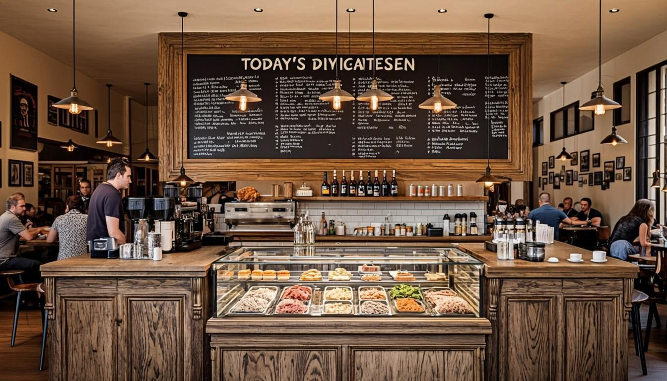 The warm interior of Tov Umaitiv, our Brooklyn kosher deli